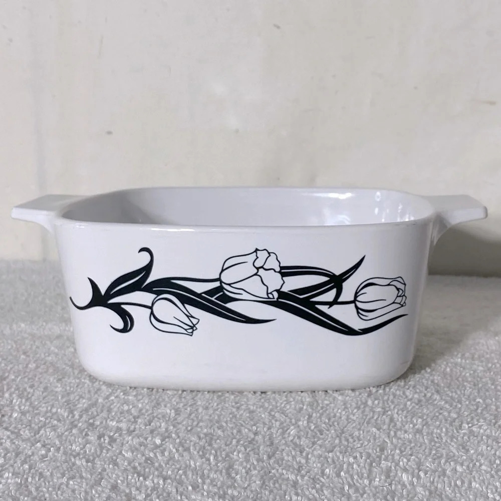 Vintage Corningware Lyrics Black Tulip Print Casserole Dish A-1.5-L USA